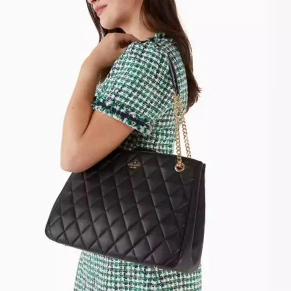 Kate Spade Black Quilted Leather Tote w/Leather and Gold Chain Link Straps - Picture 4 of 4